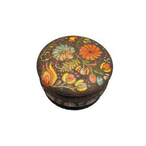 Vintage Handcrafted Round Wooden Trinket Box with Floral Design Jewelry Storage